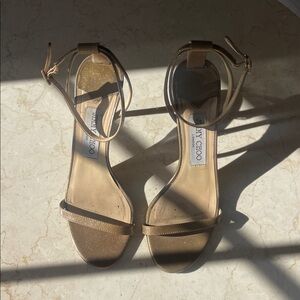 Jimmy Choo Minny Glitter Patent Ankle Strappy Heels/Sandals in Metallic Beige